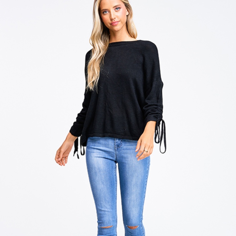 NWT Black Twist Back Ruched Sleeve Sweater - Picture 2 of 7